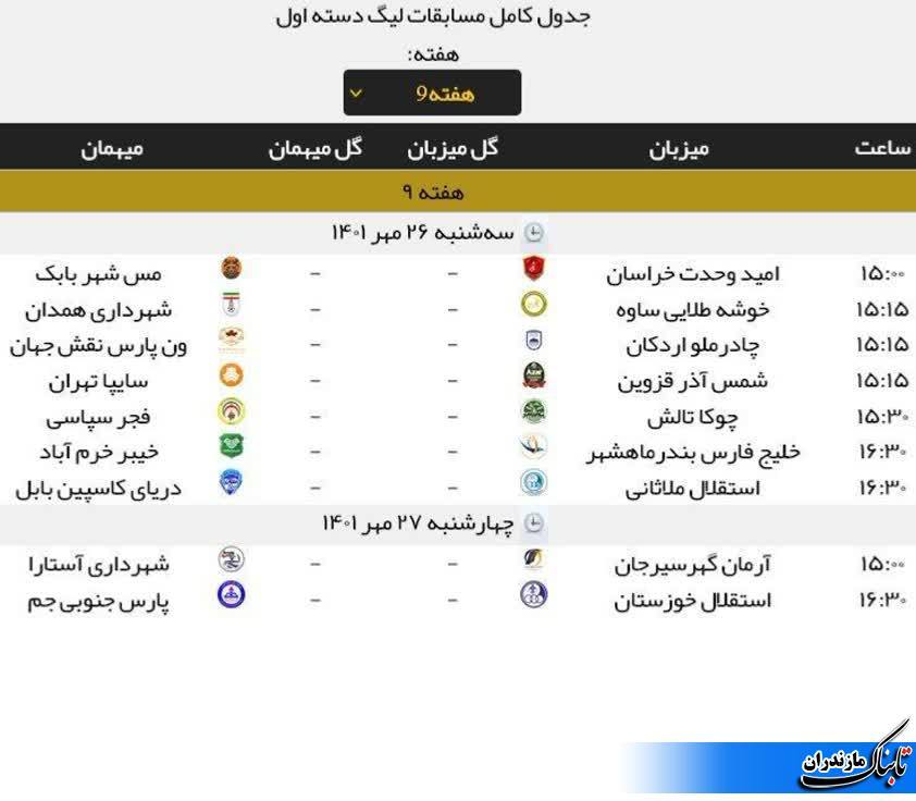 برنامه کامل مسابقات فوتبال هفته نهم لیگ دسته اول